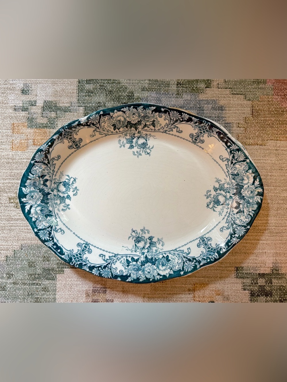 Antique transferware ironstone platter in rare teal color!